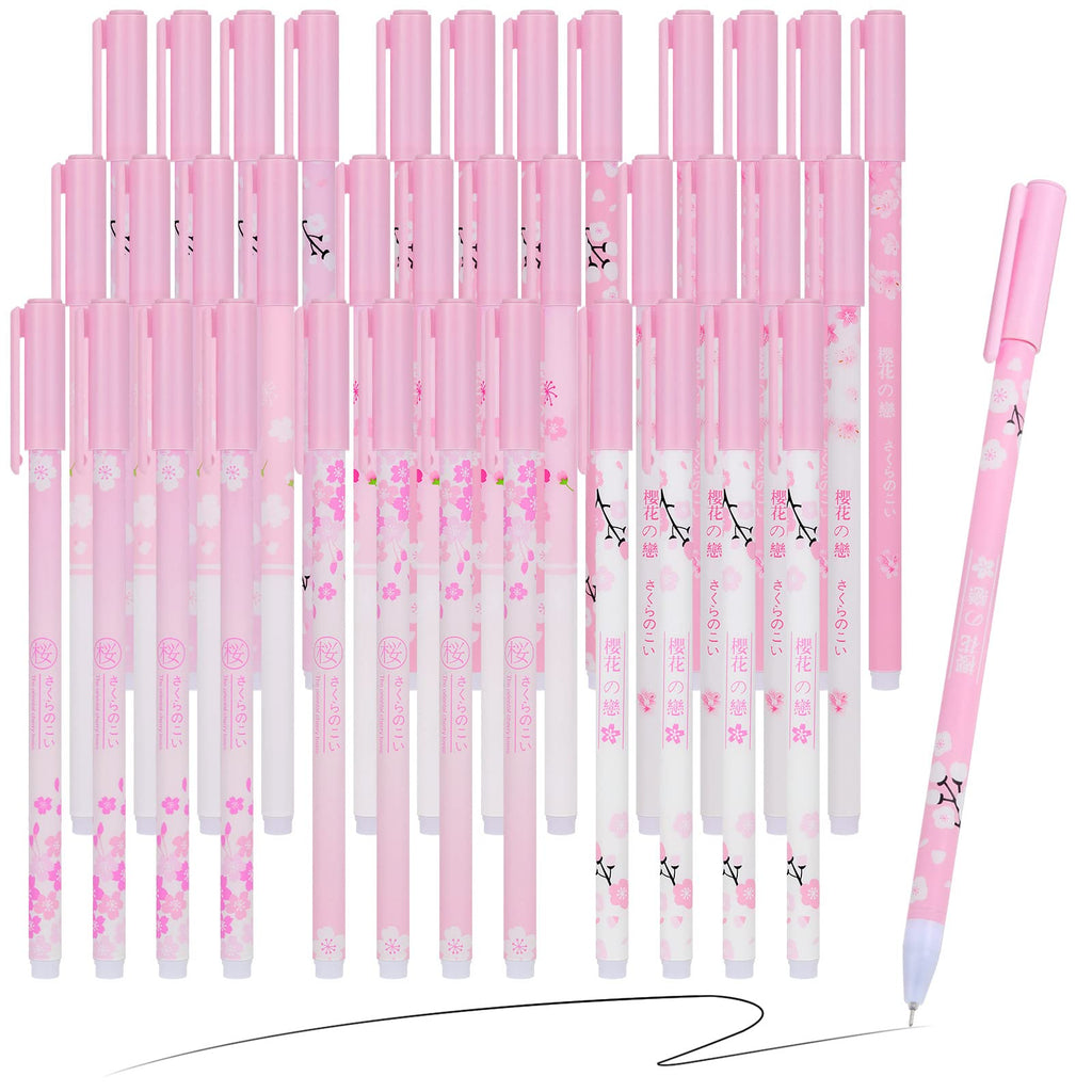 [Australia - AusPower] - 36 Pieces Pink Rollerball Pens Set Lovely Sakura Gel Black Ink Pens 0.5 mm Kawaii Cherry Blossom Pens, Kids Girl Women School Office Supplies Gift, Novelty Stationery 