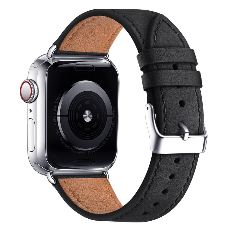 [Australia - AusPower] - POWER PRIMACY Bands Compatible with Apple Watch Band 45mm 44mm 42mm, Top Genuine Leather Replacement Smart Watch Strap for iwatch Series 7 6 5 4 3 2 1 SE for Men Women (Black/Silver, 42mm 44mm 45mm) Black/Silver 