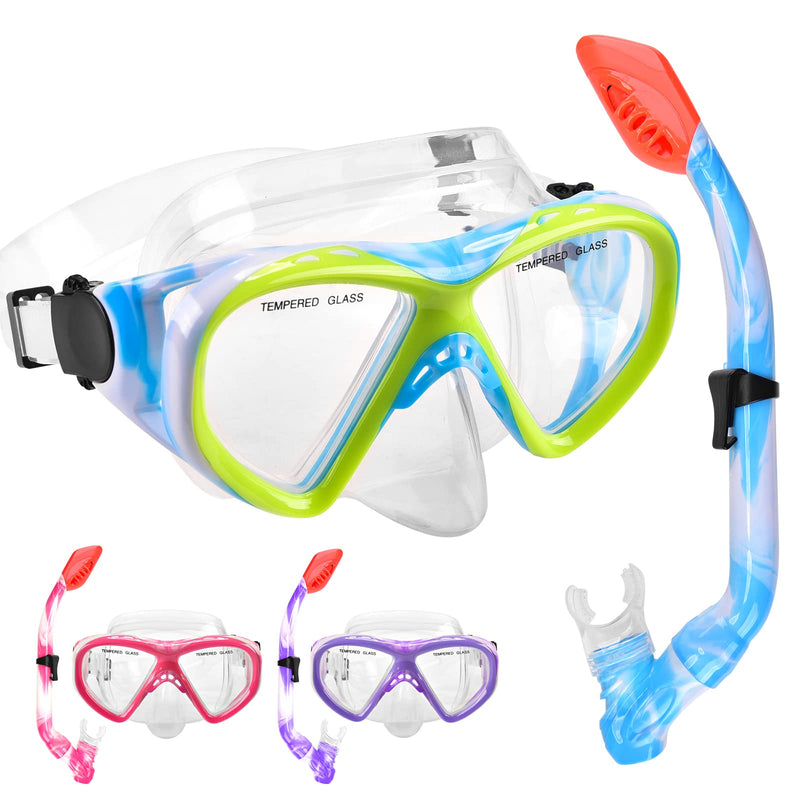 [Australia - AusPower] - Kids Snorkel Set Dry Top Snorkel Mask Snorkeling Gear for Kids Youth Boys Girls Junior Age 5-15,Tempered Glass Swimming Diving Scuba Goggles 180 Degree Panoramic View 