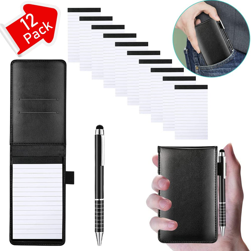 [Australia - AusPower] - 12 Pcs Small Pocket Notepads holder Set,Mini Pocket Note Pad Holder with 50 Lined Sheets and Pen,10 Pcs 3" x 5" Memo Book Refills,Small Memo Pads for School Home Office Travel Gift Supplies-Black 