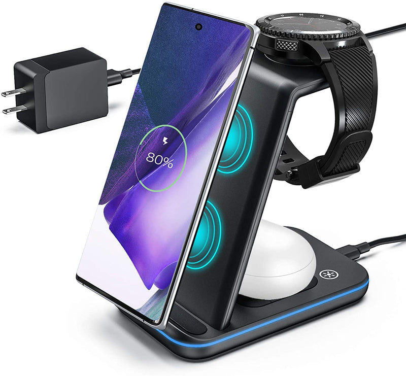 [Australia - AusPower] - ZHIKE Wireless Charger, 3 in 1 Fast Wireless Charging Station Compatible with Samsung S20/Note 20/S10, Wireless Charger Stand Dock for Galaxy Watch 46mm/42mm/Active 2/Gear S2 and Buds (with Adapter) 