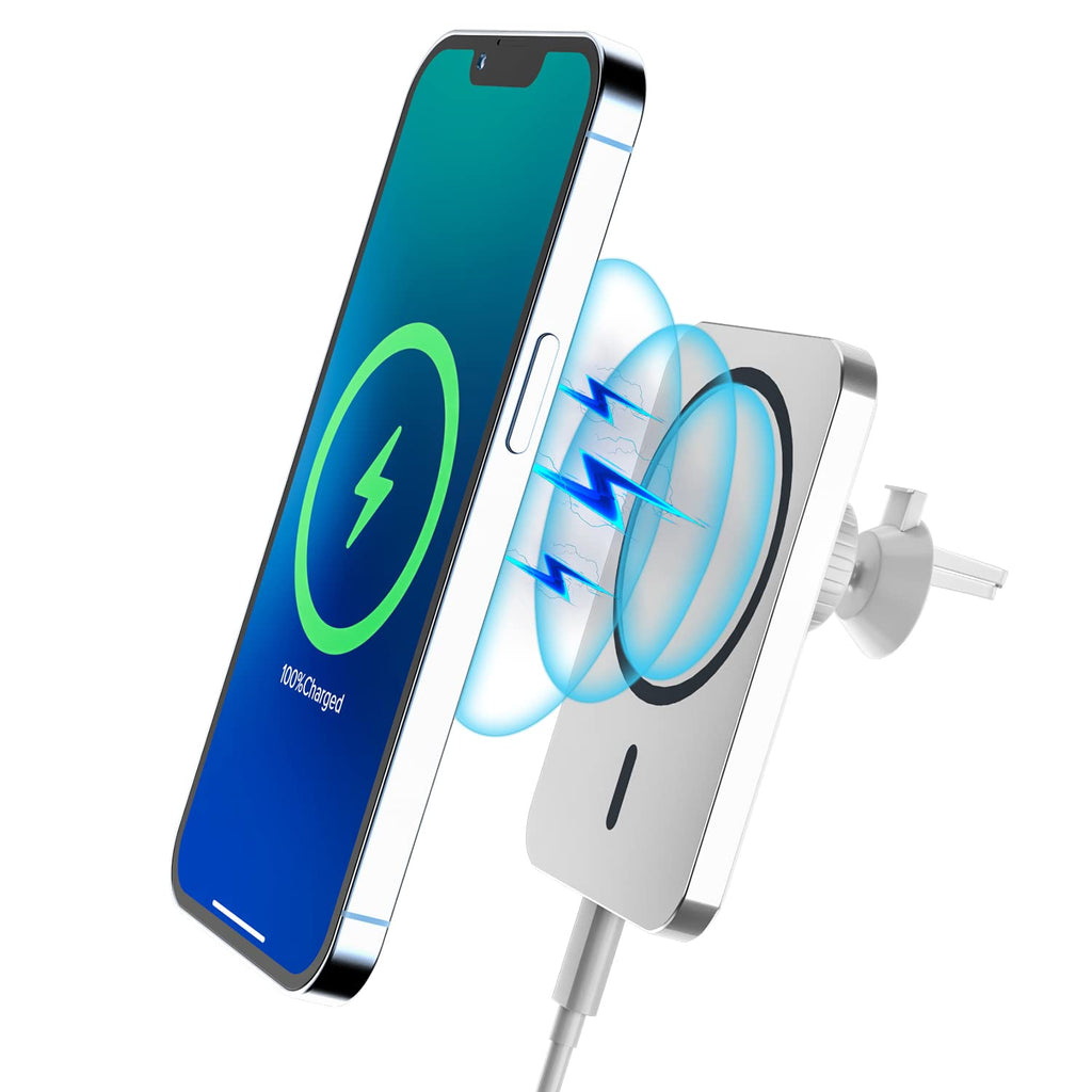 [Australia - AusPower] - Qiozdio Magnetic Wireless Car Charger for iPhone 13/12 Series,Auto Wireless Charger Compatible with MagSafe,15W Fast Wireless Charging Auto-Clamping Air Vent Clamp Car Mount Holder Charger (White) White 