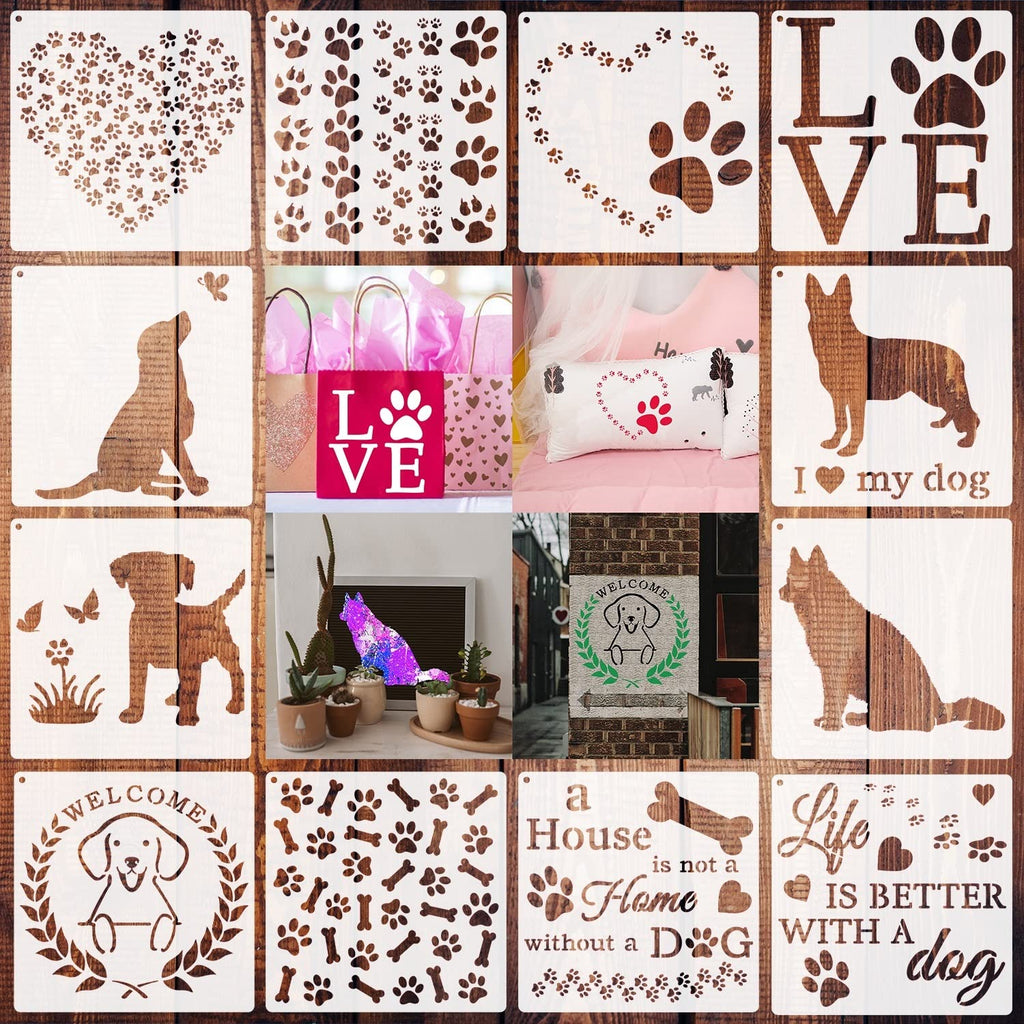 [Australia - AusPower] - 12 Pcs Dog Stencils, Dog Paw Stencils Reusable Painting Templates for Painting on Wood Wall Home Decor DIY Crafts (5.9 Inches) 5.9 Inches 