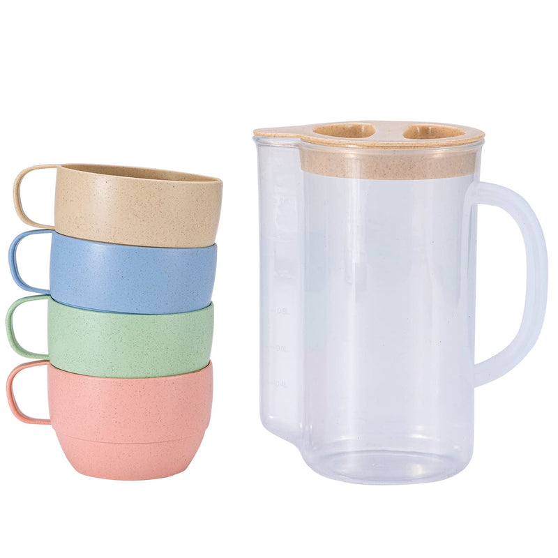 [Australia - AusPower] - 5 Pack Wheat Straw Unbreakable Tableware Kettle Cups Set, with 4 Multicolor Cups for Kids Children Toddler Adult, Dishwasher Coffee Mug for Water, Tea, Milks, Juice 