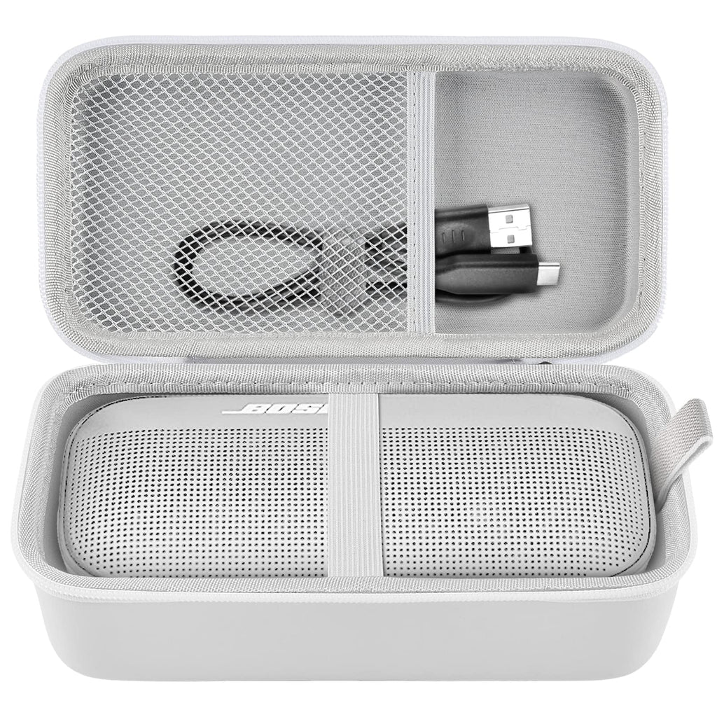 [Australia - AusPower] - Case Compatible with Bose SoundLink Flex Bluetooth Portable Wireless Waterproof Speaker, Hard Travel Carrying Storage Holder with Mesh Pocket for Charging Cable - White(Box Only) 