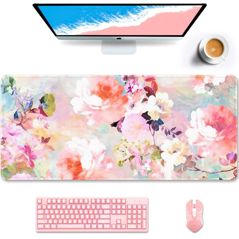 [Australia - AusPower] - Auhoahsil Desk Pad, XXL Large Mouse Extended Gaming Mousepad, Cute Mat for Women, Big Office Accessories Pad Computer Keyboard and Laptop, 35.5 x 15.7 Inch, Pretty Pink Flowers, Girly Flowers Girly Pink Flowers 