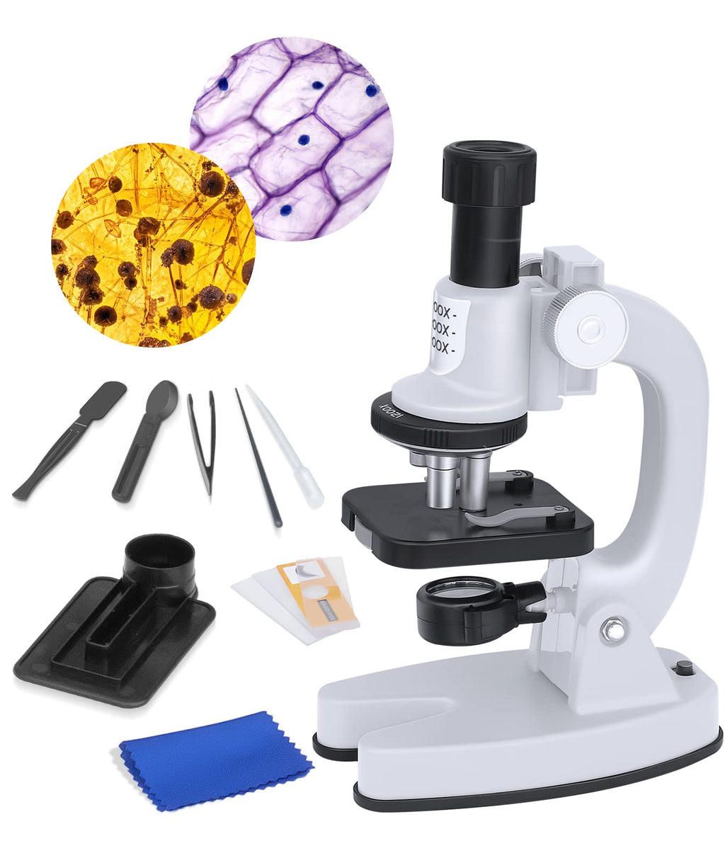 [Australia - AusPower] - 200X-1200X Kids Microscope, with 4 Colors Filters, Slides Set, Mineral Specimen and Easy-to-Use Phone Holder Scientific Experiments Kit Toys for Kids Over 8, White 
