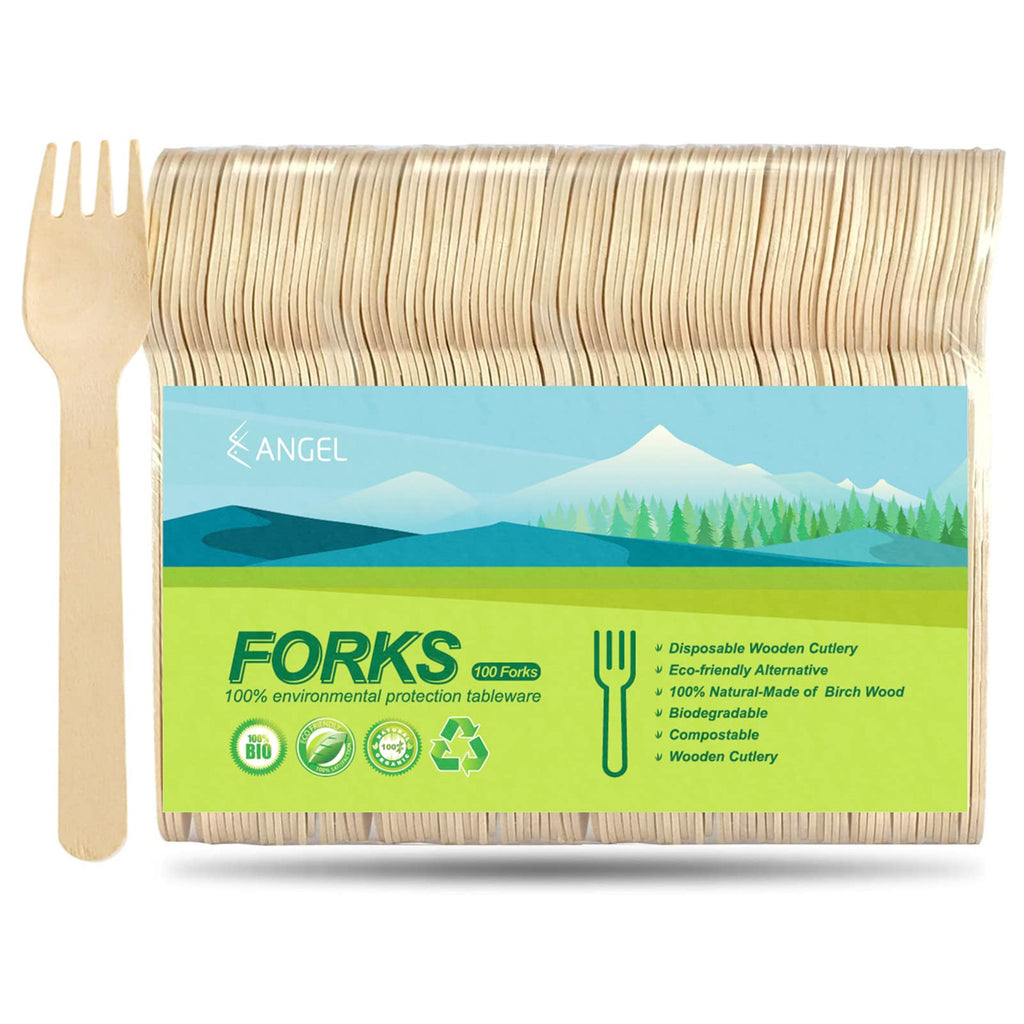 [Australia - AusPower] - ANGLE -Disposable Wooden Forks, Spoons, Knives Set,Alternative to Plastic Cutlery (100 Forks) 100 Forks 