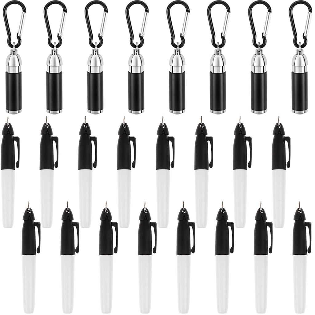 [Australia - AusPower] - 16 Pcs Mini Permanent Markers with Cap Clips Golf Ball Marker Pen Dry Erase Markers with Triangle Hook Golf Keychain Clips for Badge Black Ink Pens&8Pcs Mini Light for Office School Outdoor,Fine Point 