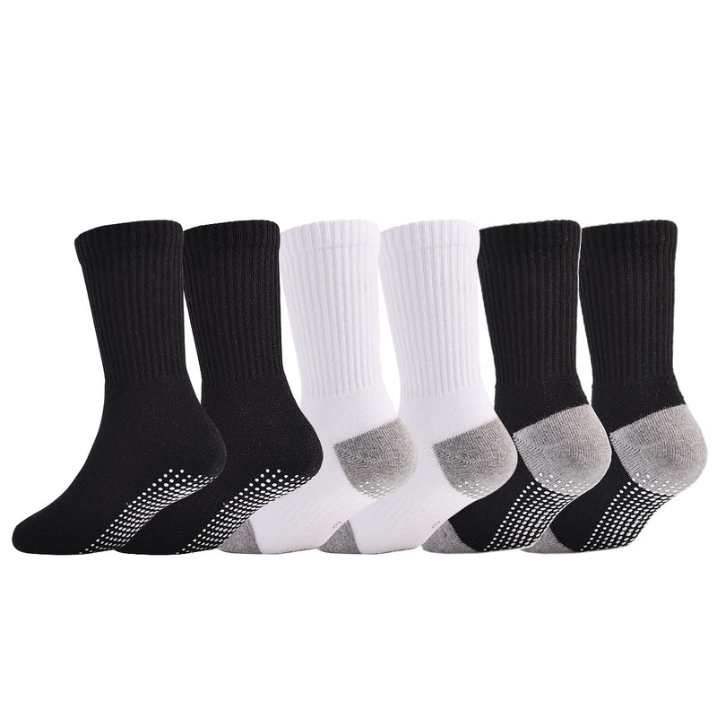 [Australia - AusPower] - Kids Cushion Crew Socks with Non Skid Boys Thick Cotton Socks Grips Girls Athletic Running Crew 6 Pairs 4-14 Years 4-6 Years Nonslip_ass1,6 Pk 