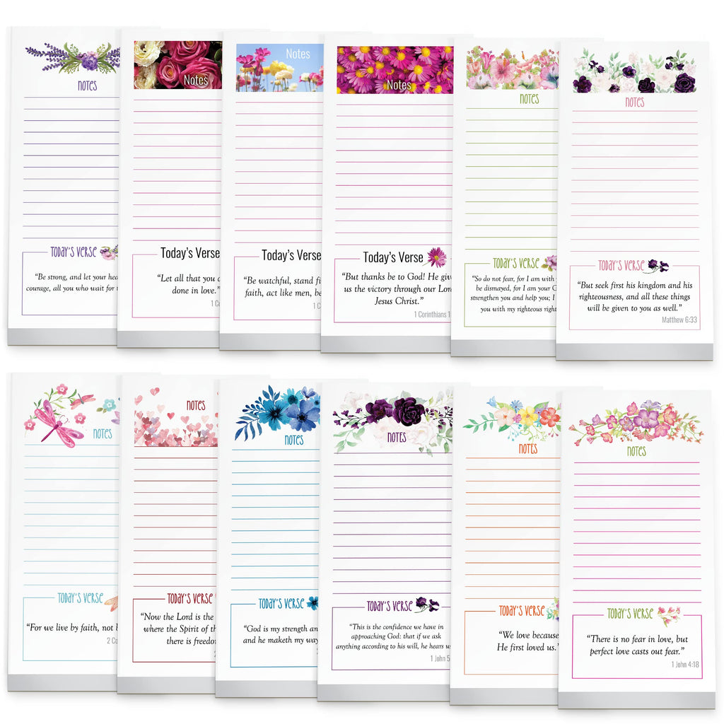 [Australia - AusPower] - 12 Religious Magnetic Notepads with Bible Verses 3 x 6 inch | Each Different Colorful Design has a Unique Inspirational Christian Quote | Magnetic Adhesive Strips Included 