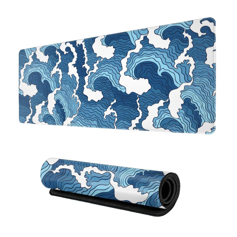 [Australia - AusPower] - Japanese Wave Mouse Pad Blue and White Mouse Pad Gaming Large XXL Long Mousepad Extended XL Desk Mat Non-Slip Rubber Base Stitched Edges Mice Pad 31.5 X 11.8 Inch Abstract Japanese Wave 