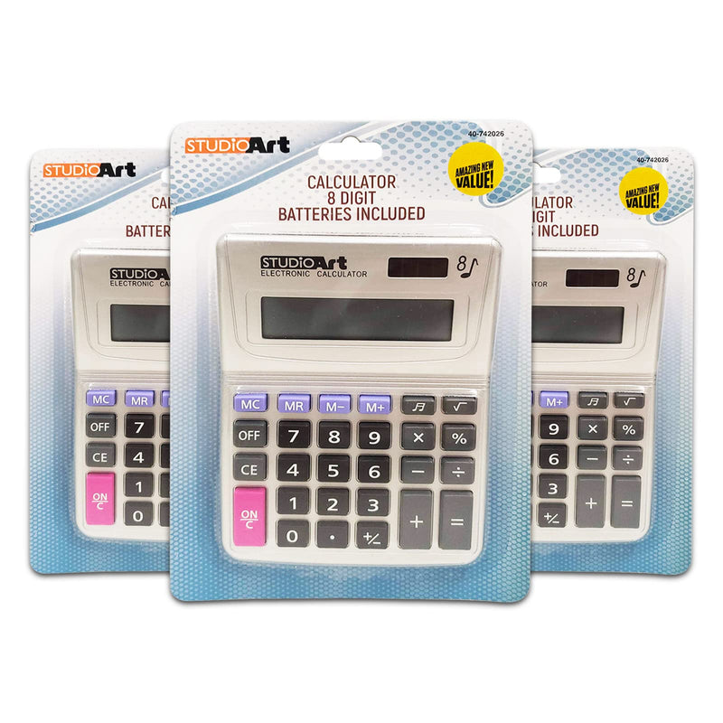 [Australia - AusPower] - Office Calculator 3 Pack ~ Basic Calculators for Office, Home Office, School, Desk | Studio Art 8 Digit Electronic Calculator with Large Clear Buttons 