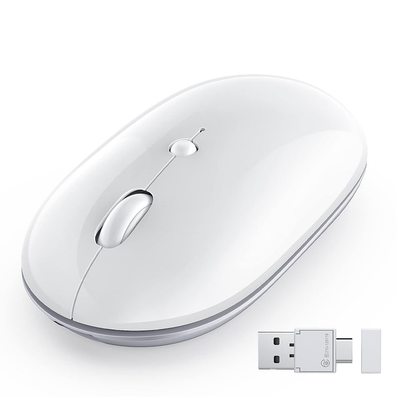 [Australia - AusPower] - Dual Bluetooth Mouse 2.4G USB & USB C Wireless Mouse | 3-Mode Silent Rechargeable Mice with 2-in-1 Receiver | for iPad/Laptop/MacBook/PC - White&Silver 