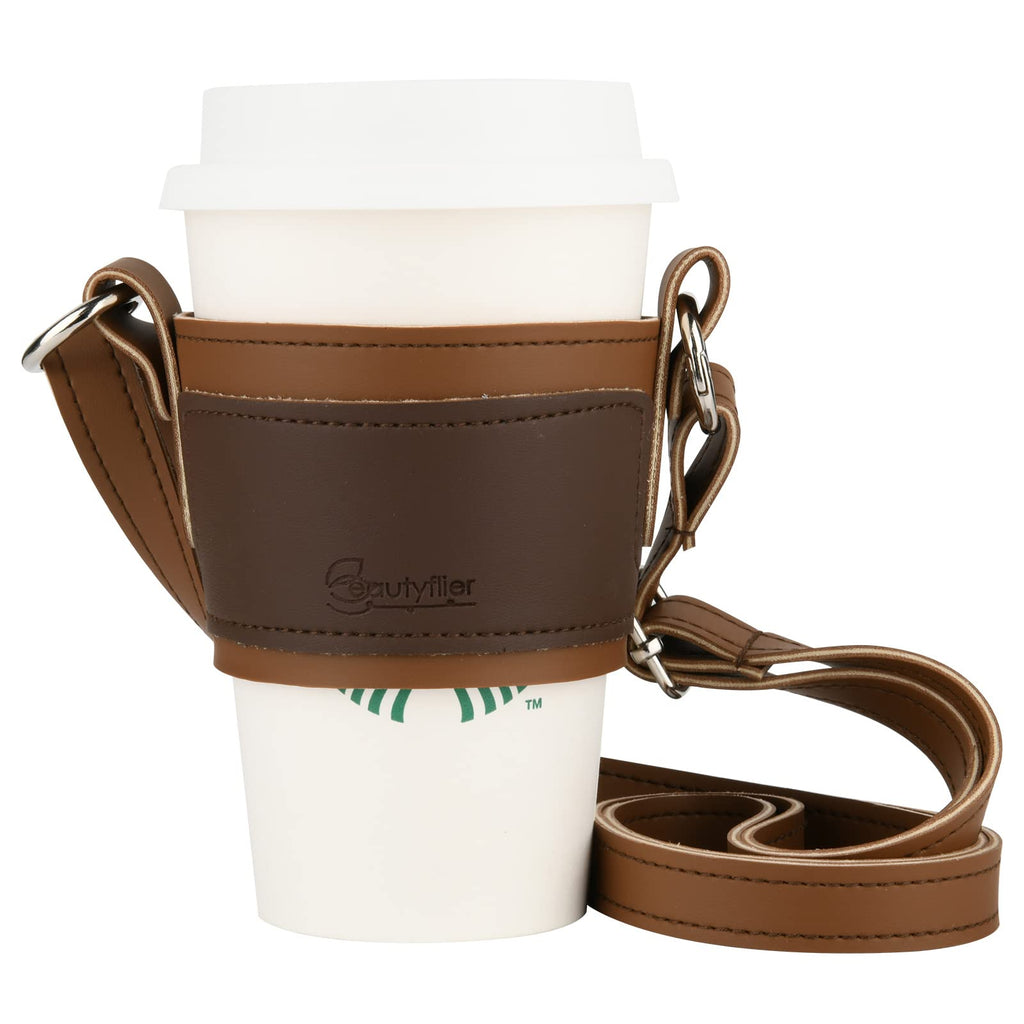 [Australia - AusPower] - Beautyflier Reusable Takeout Coffee Carrier, Iced Coffee Insulator Sleeves to Go Cold Cup and Hot Cup, Drink Carrier for Coffee Cup Delivery, with Adjustable Strap (Brown) Brown 