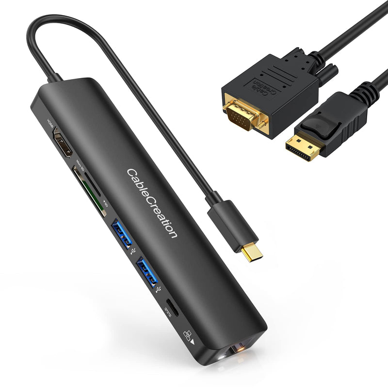 [Australia - AusPower] - USB C Hub 4K 60Hz, CableCreation 7-in-1 USB-C Hub Multiport Adapter Bundle with Displayport to VGA Cable 6FT, CableCreation DP to VGA Cable Gold Plated, Standard DP Male to VGA Male Cable 
