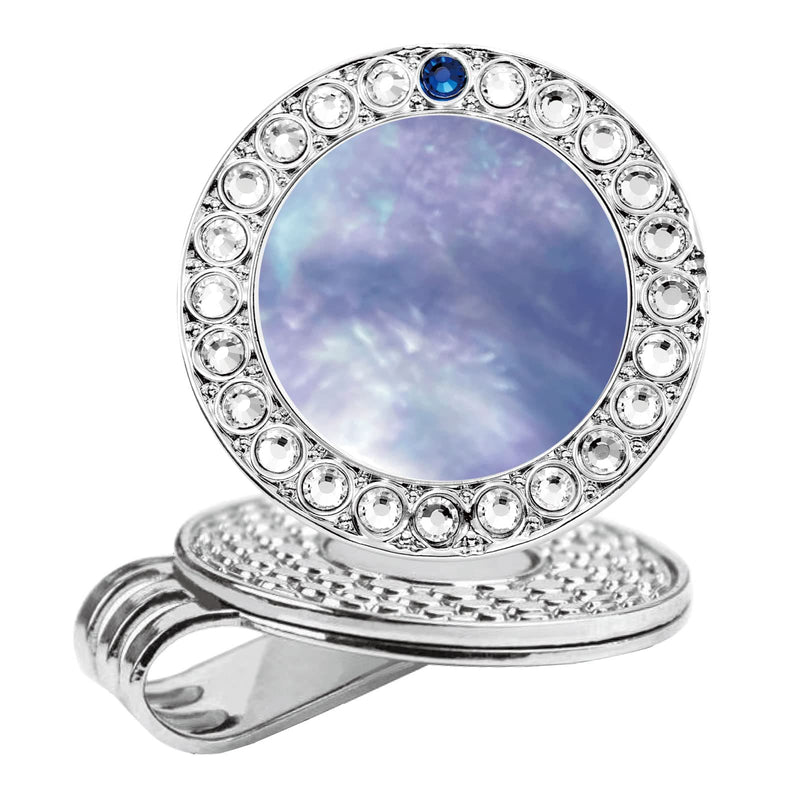 [Australia - AusPower] - E TRUEE Golf Ball Marker Hat Clip with Natural Mother of Pearl and Premium Crystal Golf Marker, Best Golf Gifts and Golf Accessories for Women blue pearl with blue crystal (silver clip) 