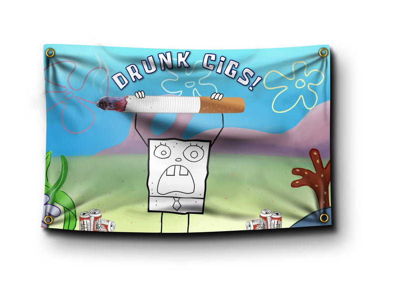 [Australia - AusPower] - Banger - Doodle Bob Drunk Cigs Holding Cigarette Funny Sponge Bob Meme Wall Flag Tapestry Banner 3x5 Feet For College Dorm Rooms 