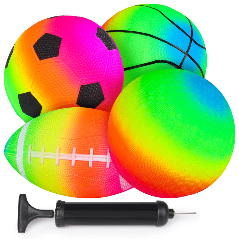 [Australia - AusPower] - 4 Pack Rainbow Sports Balls Set 6 Inch Inflatable Vinyl Balls with Added Hand Air Pump, Neon Basketball, Soccer Ball, Volleyball and Football for Kids and Toddlers Playground Indoor and Outdoor Use 