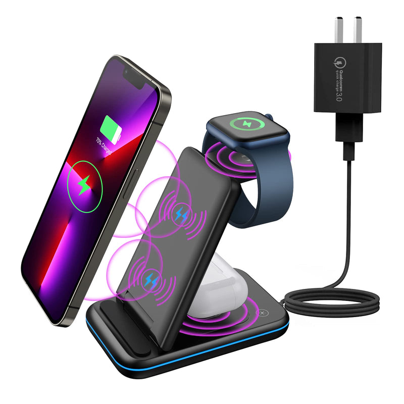 [Australia - AusPower] - OVISBAI 3 in 1 Qi Certified Fast Charging Station,Wireless Charger Stand Compatible for iPhone 13/12/11/SE/X/XS/XR/8 Series, Apple Watch, AirPods Pro/3/2 (Black) 