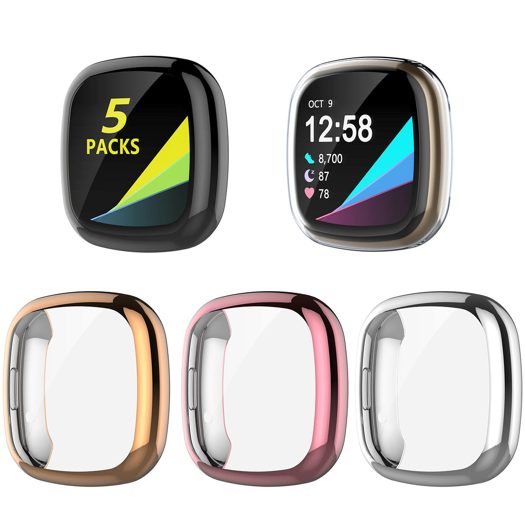 [Australia - AusPower] - [5 Pack] EBIZCITY Case Compatible for Fitbit Sense/Versa 3 with Screen Protector Overall Protective Case TPU HD Clear Ultra-Thin Cover for Sense/Versa 3 Smartwatch (Clear+Black+Pink+Silver+Red) 