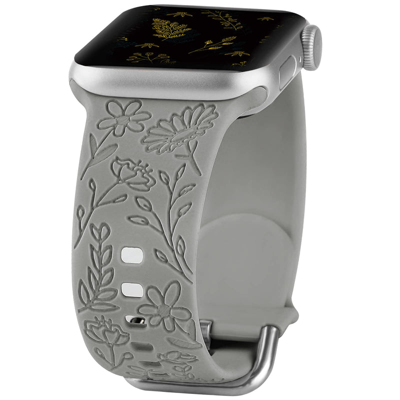 [Australia - AusPower] - Flower Engraved Strap Compatible with Apple Watch Bands 38mm 40mm 41mm, Women Flower Printed Laser Soft Silicone Sport Band Replacement Wristband for iWatch Series 7 6 5 4 3 2 1 SE 38/40/41mm Grey 