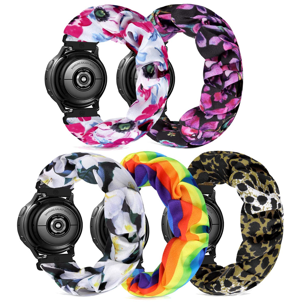 [Australia - AusPower] - Scrunchie Watch Bands for Women Compatible with Galaxy Watch 4 Band 40mm/44mm/Watch 4 Classic 46mm/42mm/Galaxy Watch Active 2 Elastic Replacement Soft Band For 20mm B(Rainbow/Purple flower/Pink flower/Leopard/White Flower) Small-Size 