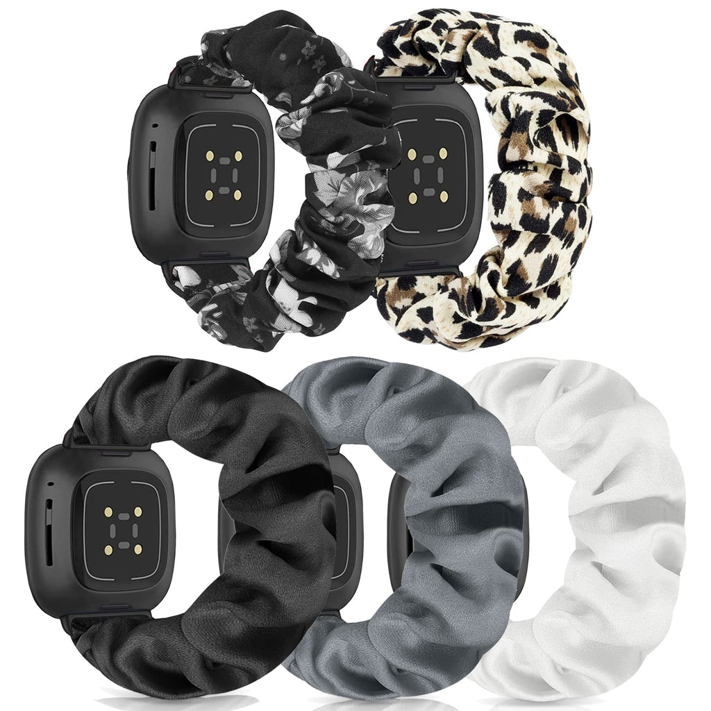 [Australia - AusPower] - Scrunchie Watch Bands for Women Compatible with Fitbit Sense/Versa 3 Elastic Scrunchy Replacement Band Soft Stretchy Band For Fitbit Versa 3 /Sense E(Black/White/Gray/Leopard/Black flower) Small-Size 
