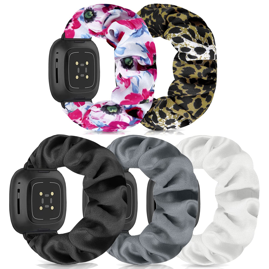 [Australia - AusPower] - Scrunchie Watch Bands for Women Compatible with Fitbit Sense/Versa 3 Elastic Scrunchy Replacement Band Soft Stretchy Band For Fitbit Versa 3 /Sense C(Black/White/Gray/Leopard/Pink flower) Small-Size 