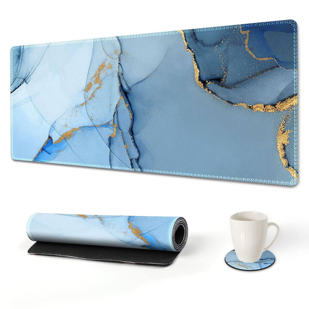 [Australia - AusPower] - AIMSA Extended Gaming Mouse Pad, XL Large Keyboard Mouse Mat Desk Pad with Stitched Edges, Durable Non-Slip Base Mousepad for Home Office Work, 35x15.7inch ,Blue Marble Blue Marble 