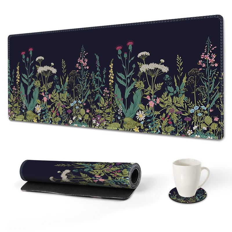 [Australia - AusPower] - AIMSA Extended Gaming Mouse Pad, XL Large Keyboard Mouse Mat Desk Pad with Stitched Edges, Durable Non-Slip Base Mousepad for Home Office Work, 35x15.7inch ,Flowers Plants Flowers Plants 