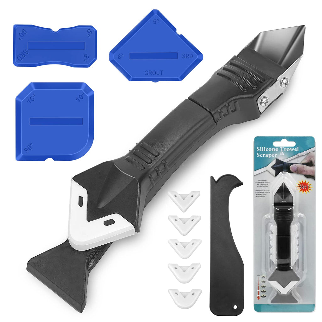 [Australia - AusPower] - Caulking Tool, Grout Removal Tool, 3-in-1 Silicone Caulking Finishing Tool Kit with Stainless Steel Head and 5 Replaceable Reusable Silicone Pads, for Kitchen, Bathroom, Window, Floor, Sink Joint 