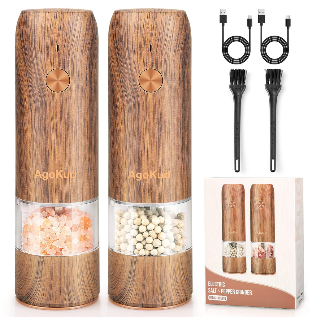 [Australia - AusPower] - AgoKud USB Rechargeable Wooden Electric Salt and Pepper Grinder Set, Automatic Wood Pepper Mills with LED Light, Quick Charging Grinder, Adjustable Coarseness, One Hand Operation（Wooden 2 Pack） Wooden 2 PCS 