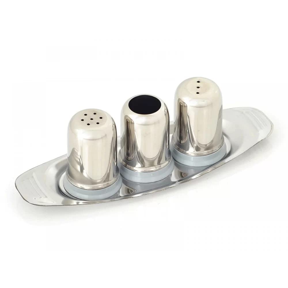 [Australia - AusPower] - 3 in 1 Stainless Steel Salt and Pepper with Stand,Classic Salt & Pepper Shaker Set, Spice and Seasoning Set with Toothpick Containers, Silver 
