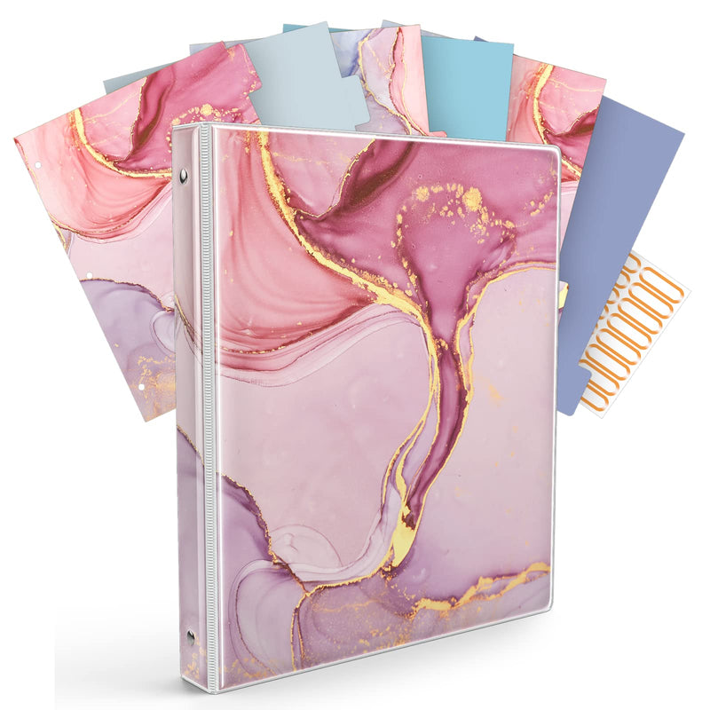 [Australia - AusPower] - 3 Ring Binder Design 1 inch Binder Cute Decorative Hardcover for Letter Size Binder Organize with 6 - Tab Dividers and File Folder Labels(Pink Gold Marble) Pink Gold Marble 
