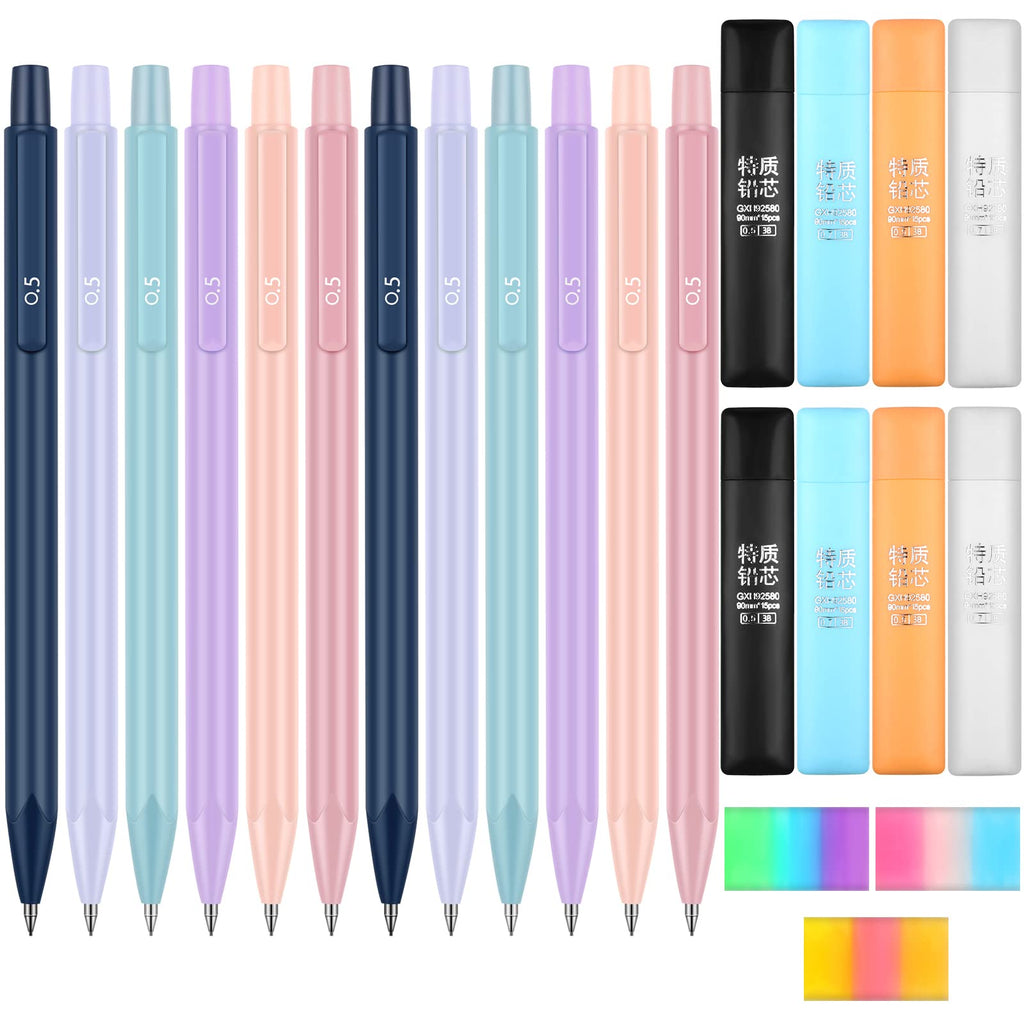 [Australia - AusPower] - 23 Pcs Colored Mechanical Pencils Set, 0.5 and 0.7 mm Cute Pastel Mechanical Pencils Aesthetic School Supplies with 8 Tubes Pencil Refills and 3 Pcs Erasers for Kids Students Writing Drawing Sketching 