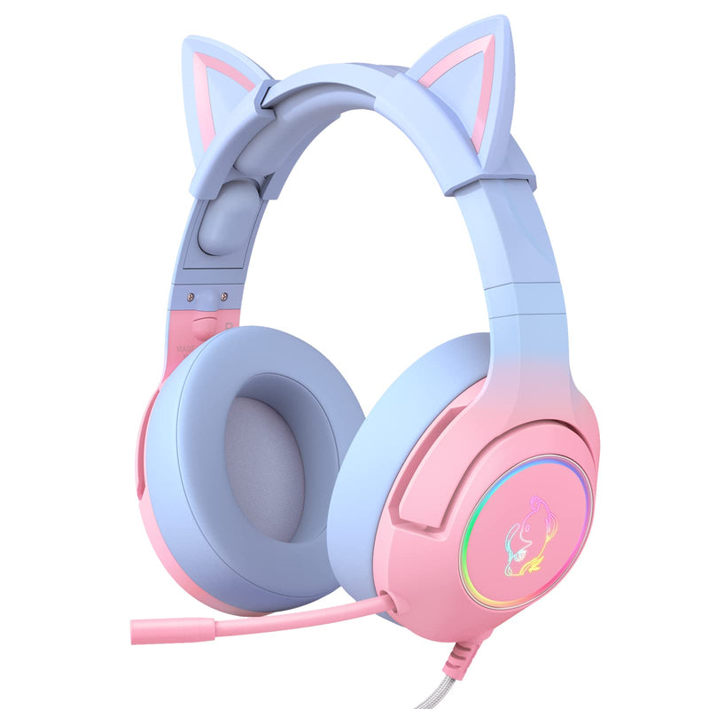 [Australia - AusPower] - PHNIXGAM Gaming Headset for PS4, PS5, Xbox One(No Adapter), Cat Ear Headphones with Noise Cancelling Microphone, RGB Backlight, Surround Sound for PC, Mobile Phone, Gradient Pink Blue 