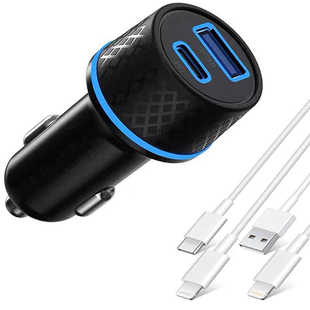 [Australia - AusPower] - Car Charger iPhone,Fast Cigarette Lighter USB Charger,18W Dual Pore Light Cell Phone Automobile Chargers,2Pack 3ft PD&QC 3.0 Car Charger Adapter for iPhone 12/12 Pro/11/iPad/AirPods//USB-C Port 