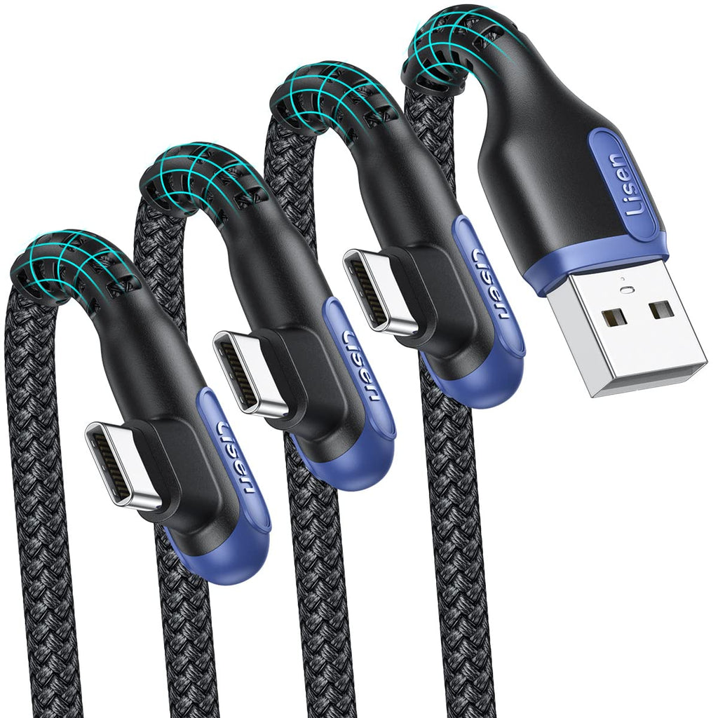 [Australia - AusPower] - USB Type C Cable Fast Charge [3.2A, 3-Pack, 6.6ft, 90 Degree], LISEN Type C Charger Fast Charging Cord Right Angle, Never Rupture Samsung Galaxy Charger Compatible with USB C Device 6.6+6.6+6.6FT Blue+Black 