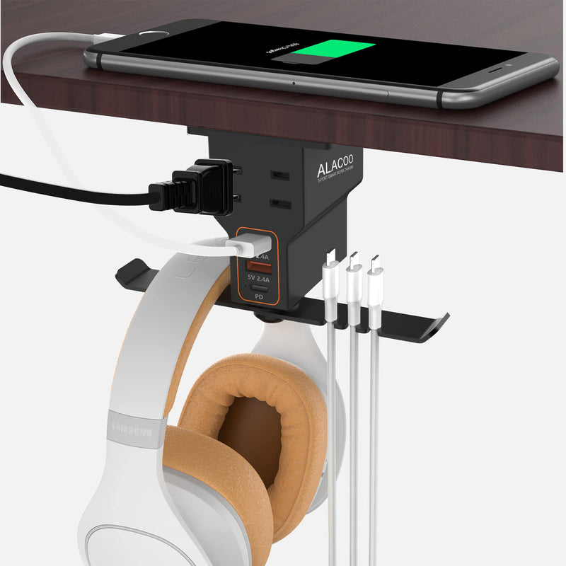 [Australia - AusPower] - Headphone Stand with USB Charger /1 Type-c/2 2-Prong AC Outlet Power Strips/3 Under Desk Headset Holder Mount Suitable for Gamers Gifts Desk Gaming Accessories 