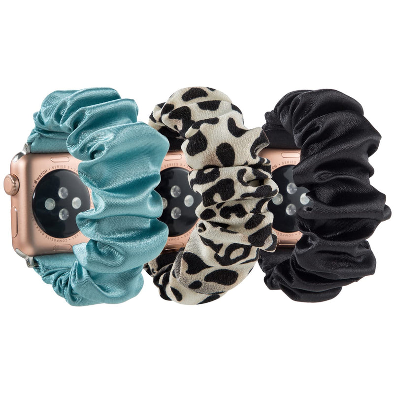 [Australia - AusPower] - 3/2 Packs Compatible with Apple Watch Band Scrunchies 38mm 41mm 42mm 40mm 44mm 45mm for Women,Elastic Flower Leopard Bracelet Wristband Compatible for Apple iWatch Series 7 6 5 4 3 2 1 SE,Soft and Easy to Wear 42mm/44mm/45mm S/M Blue/Leopard/Black 