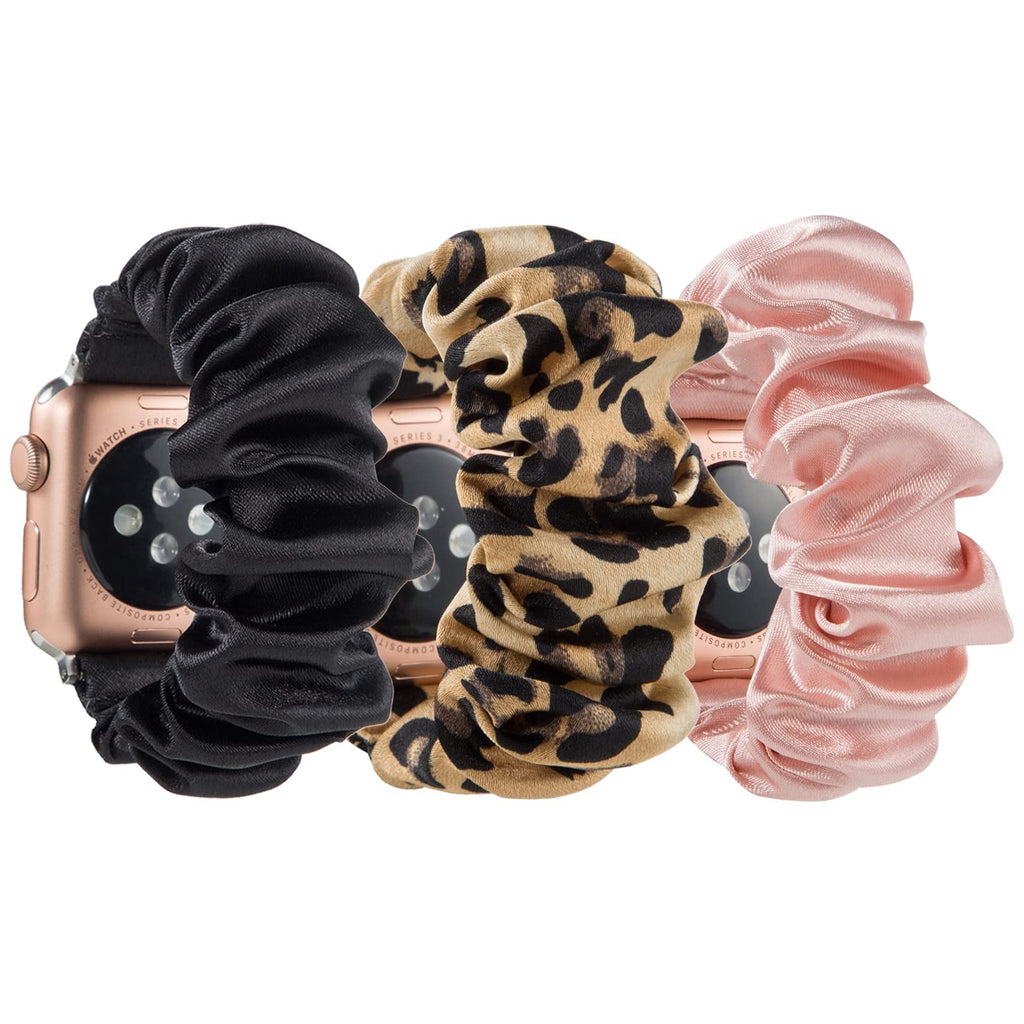[Australia - AusPower] - 3/2 Packs Compatible with Apple Watch Band Scrunchies 38mm 41mm 42mm 40mm 44mm 45mm for Women,Elastic Flower Leopard Bracelet Wristband Compatible for Apple iWatch Series 7 6 5 4 3 2 1 SE,Soft and Easy to Wear 42mm/44mm/45mm S/M Black/Pink/Leopard 