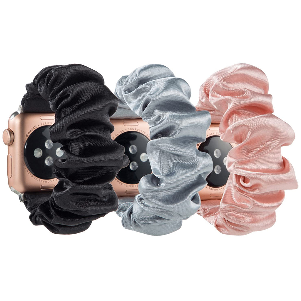 [Australia - AusPower] - 3/2 Packs Compatible with Apple Watch Band Scrunchies 38mm 41mm 42mm 40mm 44mm 45mm for Women,Elastic Flower Leopard Bracelet Wristband Compatible for Apple iWatch Series 7 6 5 4 3 2 1 SE,Soft and Easy to Wear 38mm/40mm/41mm S/M Black/Blue/Pink 