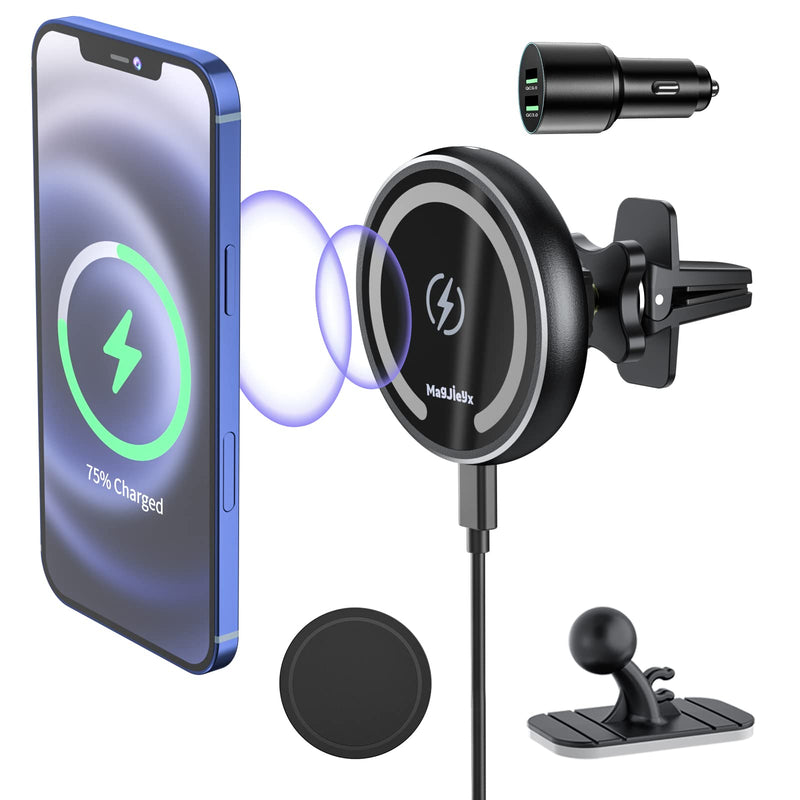 [Australia - AusPower] - Magnetic Wireless Car Charger Auto-Alignment for Magsafe Mount iPhone 12/13 Mini, Pro, Pro Max, Car Air Vent and Car Dashboard Phone Holder with 36W QC 3.0 Fast Car Charger (Black) Black 