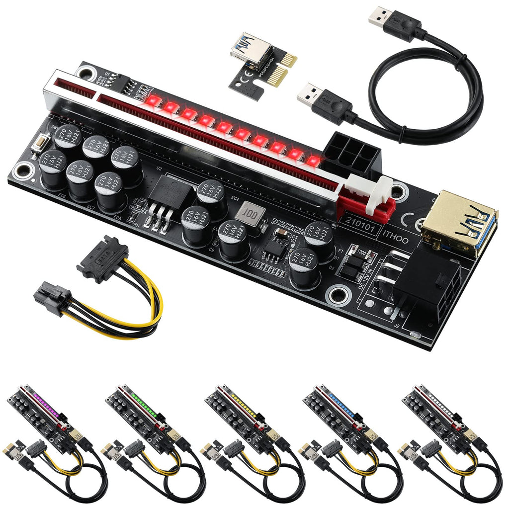 [Australia - AusPower] - BEYIMEI PCI-E Riser 1X to 16X for Bitcoin GPU Mining Powered Riser Adapter Card,11 Fixed Capacitors,LED Colorful Light Effect,60cm USB 3.0 Cable-for Ethereum ETH Mining (VER014 -6 Pack) 6 PACK--VER014 