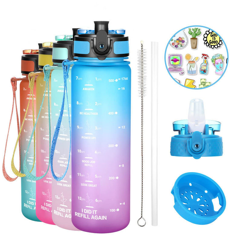 [Australia - AusPower] - Kids Water Bottle with Straw, 17oz Water Bottles Motivational Time Marker with 2 Lids(Straw/Chug) Leakproof Tritran BPA Free Reusable Drinking Bottles for Kids/Adults 500ml(Blue-Purple) Blue-Purple 