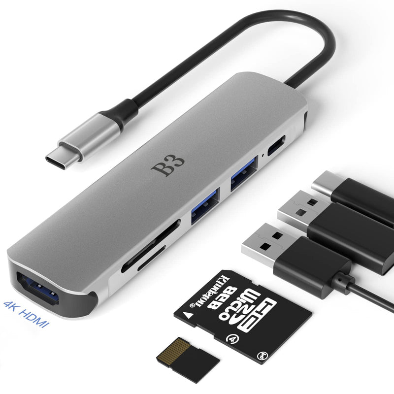 [Australia - AusPower] - USB C Hub HDMI Adapter for MacBook Pro / Air Swith and Other Type C Devices,USBC Digital AV Multiport (6 in 1 Dongle with Ports of typec 2 USB 3.0 4k HDMI SD/TF Card Reader ) Type-c Multi Dock Space Grey 