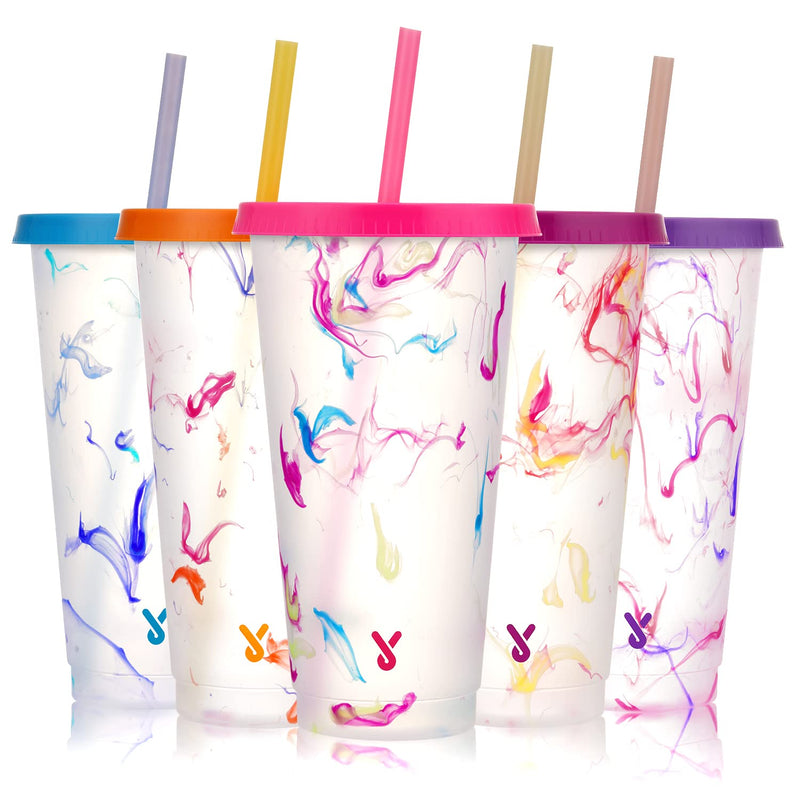 [Australia - AusPower] - Meoky Color Changing Cups with Lids and Straws - 5 Pack 24 oz Plastic Tumblers with Lids and Straws Bulk, Reusable Cups with Lids and Straws for Kids Women Party, Cute Cold Cups for Iced Coffee(Swirl) Swirl Color 
