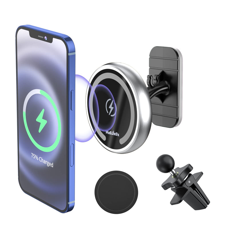 [Australia - AusPower] - Magnetic Wireless Car Charger Mount Stick On Car Dashboard for MagSafe iPhone 13/13 Pro/ 13 Pro Max/ 13 Mini/iPhone12/12 Pro/ 12 Pro Max/12 Mini, and Air Vent Car Phone Holder (Silver) Sliver 