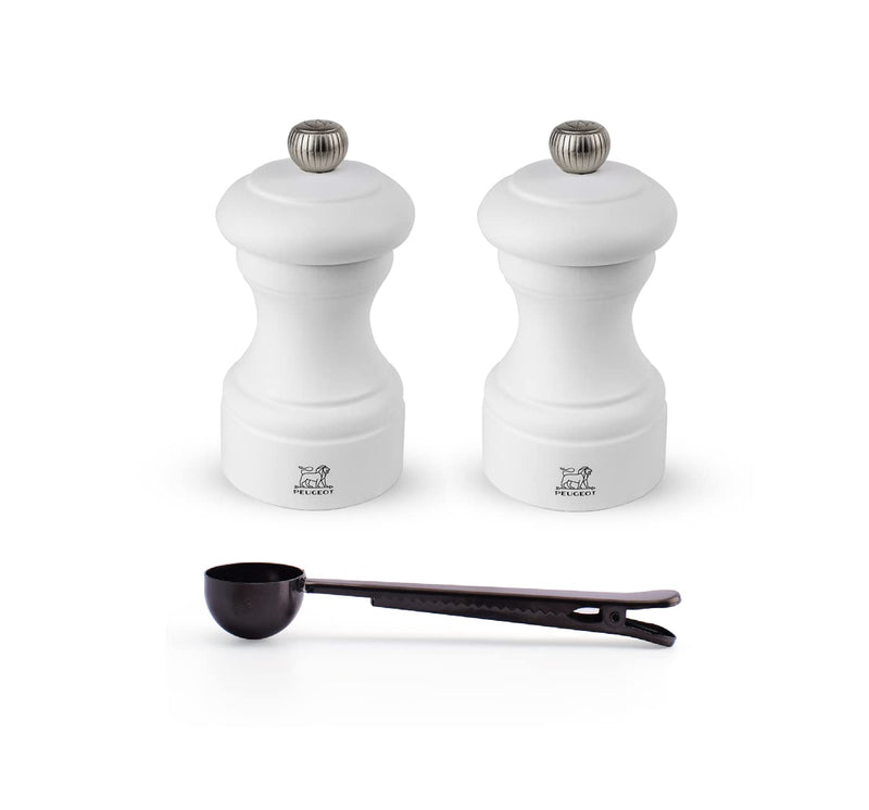 [Australia - AusPower] - Peugeot Bistro 4 Inch Salt & Pepper Mil Gift Set, Matte White - With Stainless Steel Spice Scoop/Bag Clip 
